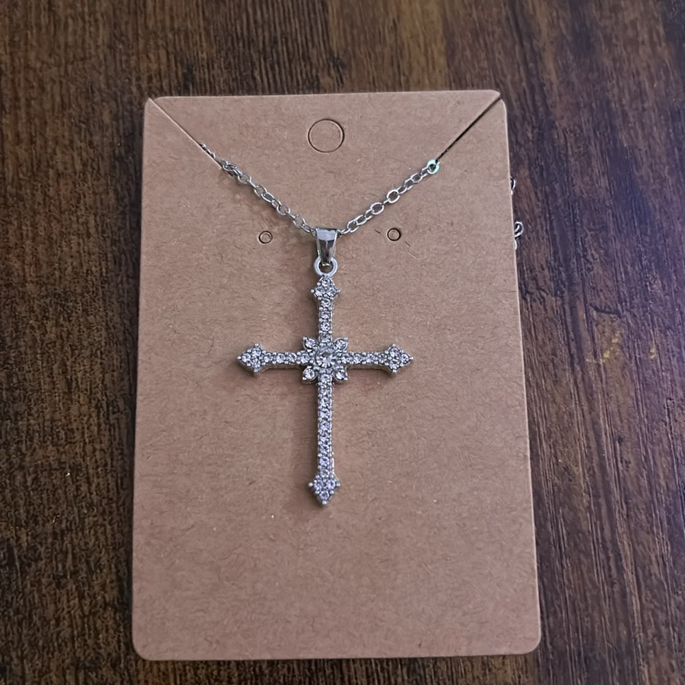 Silver Crystal Cross Necklace - Women's Jewelry